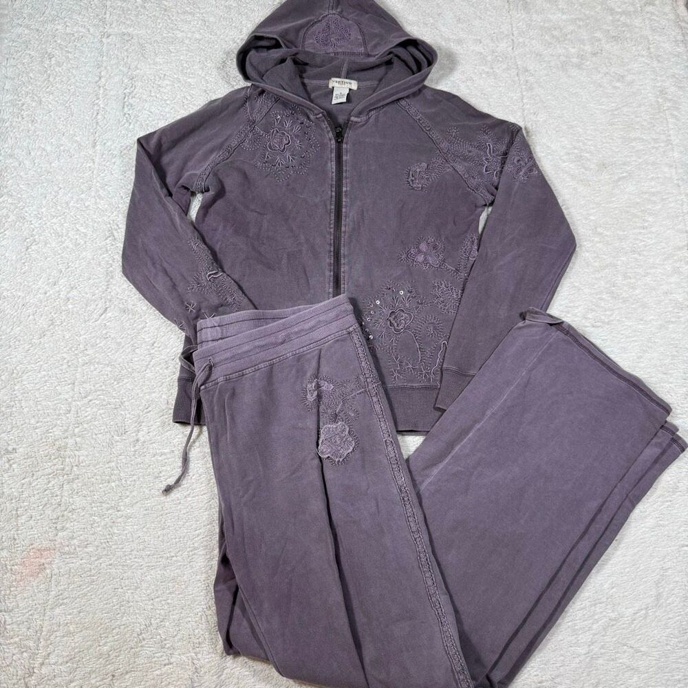 Y2K Vertigo Velour Tracksuit Set Women’s Purple Embroidered Zip Hoodie & Pants - Picture 1 of 9